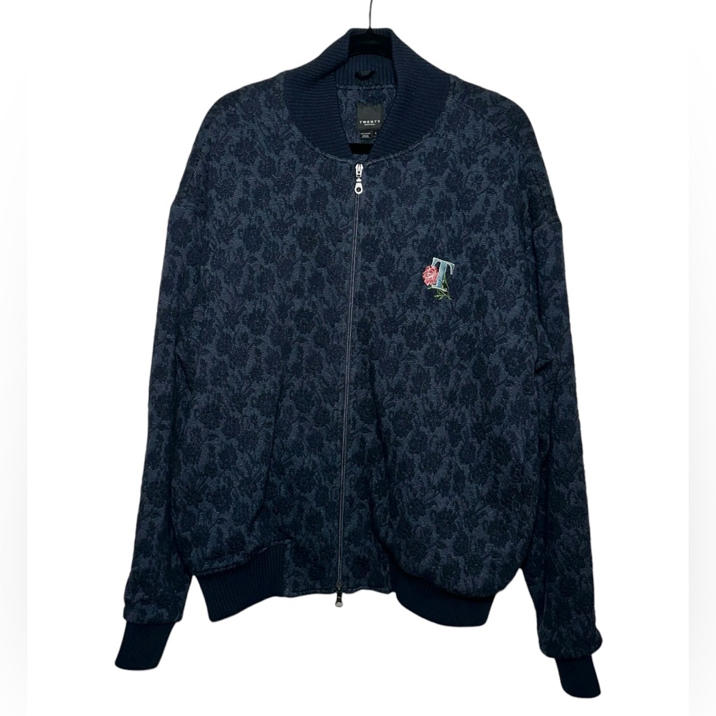 Twenty Montreal Men’s Twilight Blue Jacquard Knit T Patch Bomber Jacket- Large